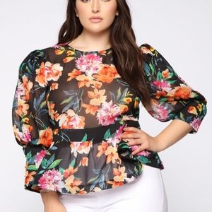 Floral puff shoulder blouse